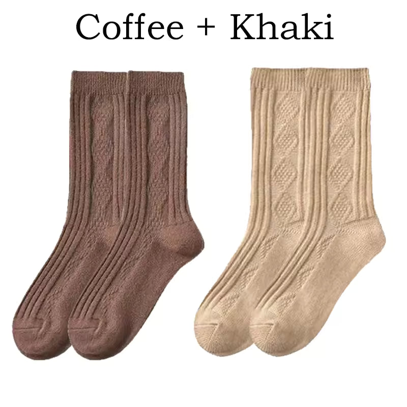 2 Pairs Winter Wool Socks Women Diamond Check Warm Velvet Cashmere Socks Mid Calf Thicken Solid Black White Socks Korean Japan