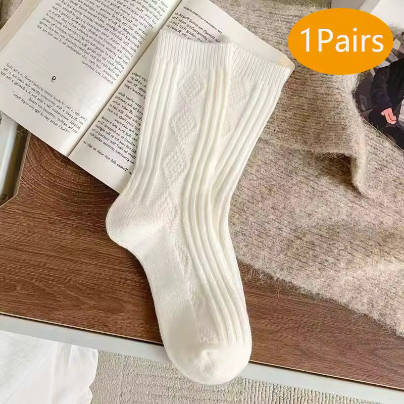 2 Pairs Winter Wool Socks Women Diamond Check Warm Velvet Cashmere Socks Mid Calf Thicken Solid Black White Socks Korean Japan