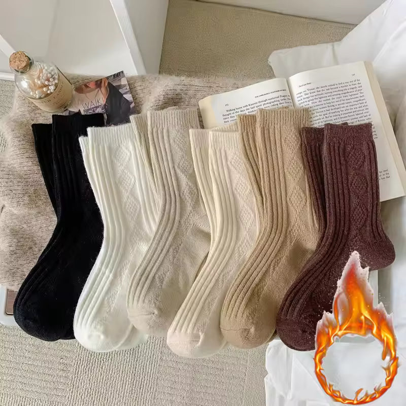 2 Pairs Winter Wool Socks Women Diamond Check Warm Velvet Cashmere Socks Mid Calf Thicken Solid Black White Socks Korean Japan