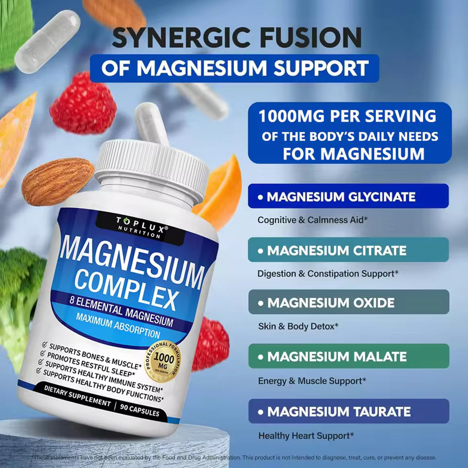 Magnesium Complex 1000mg 8 Elemental Magnesium Supplement with Glycinate Citrate Oxide Aspartate Orotate Malate Taurate High Abs