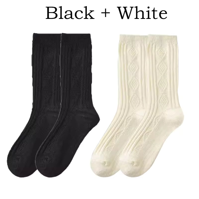 2 Pairs Winter Wool Socks Women Diamond Check Warm Velvet Cashmere Socks Mid Calf Thicken Solid Black White Socks Korean Japan