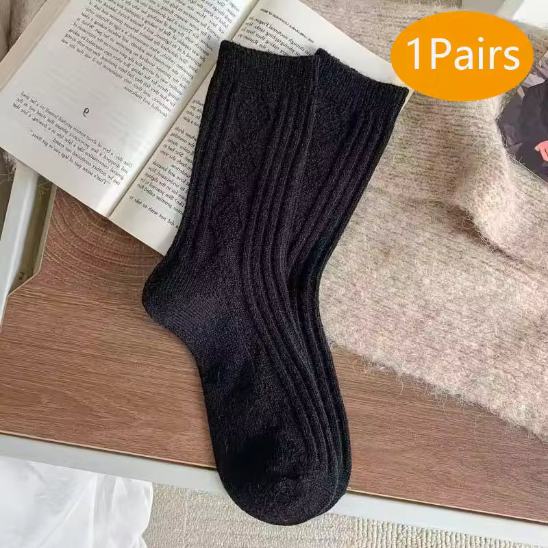 2 Pairs Winter Wool Socks Women Diamond Check Warm Velvet Cashmere Socks Mid Calf Thicken Solid Black White Socks Korean Japan