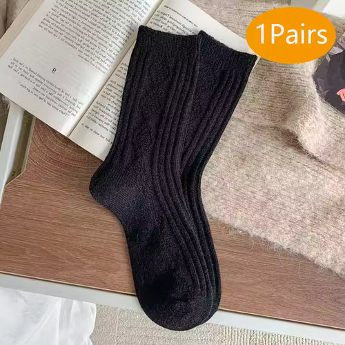 2 Pairs Winter Wool Socks Women Diamond Check Warm Velvet Cashmere Socks Mid Calf Thicken Solid Black White Socks Korean Japan