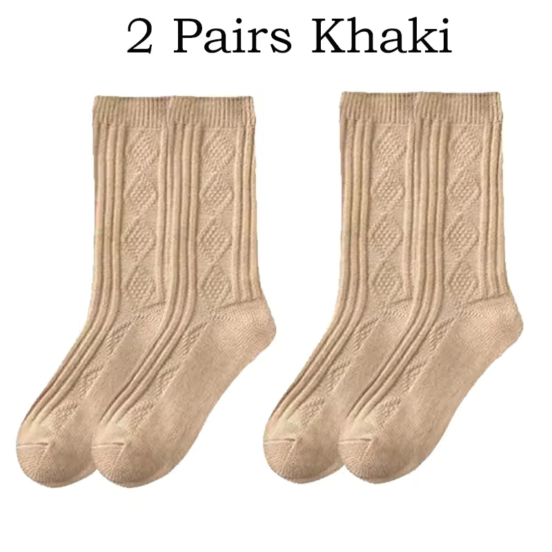 2 Pairs Winter Wool Socks Women Diamond Check Warm Velvet Cashmere Socks Mid Calf Thicken Solid Black White Socks Korean Japan