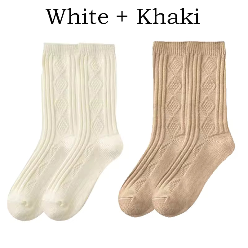 2 Pairs Winter Wool Socks Women Diamond Check Warm Velvet Cashmere Socks Mid Calf Thicken Solid Black White Socks Korean Japan