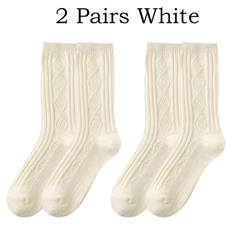 2 Pairs Winter Wool Socks Women Diamond Check Warm Velvet Cashmere Socks Mid Calf Thicken Solid Black White Socks Korean Japan