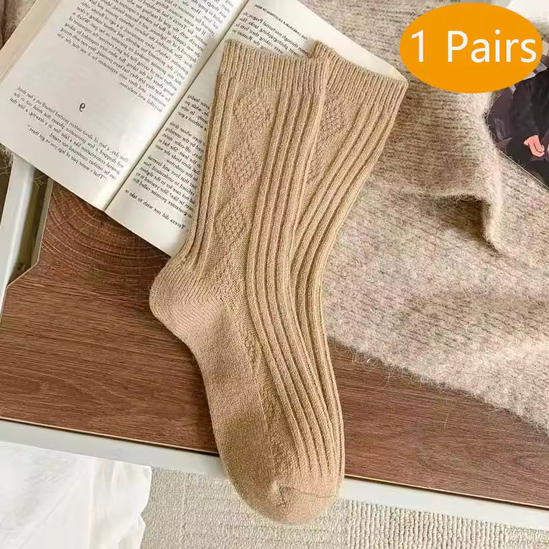 2 Pairs Winter Wool Socks Women Diamond Check Warm Velvet Cashmere Socks Mid Calf Thicken Solid Black White Socks Korean Japan